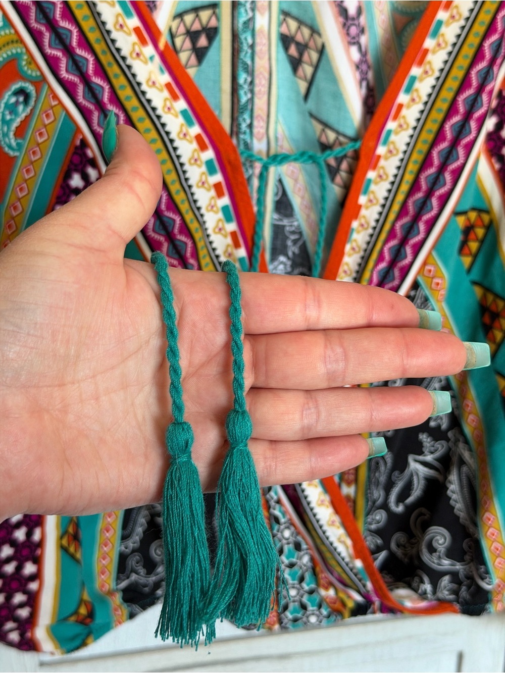 Flying Tomato Boho Tie-Front Blouse in Teal Multicolor Paisley - Picture 3 of 5
